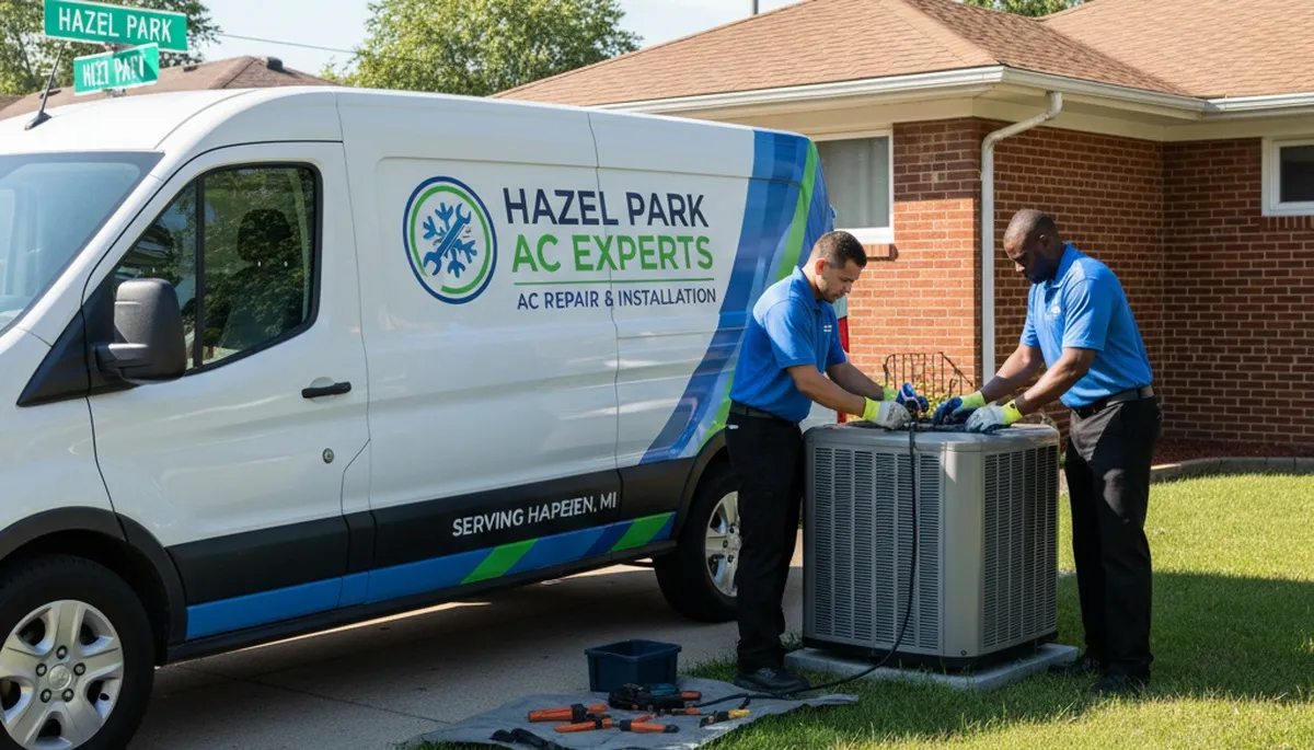 Professional AC repair technician servicing air conditioner unit in Detroit MI home