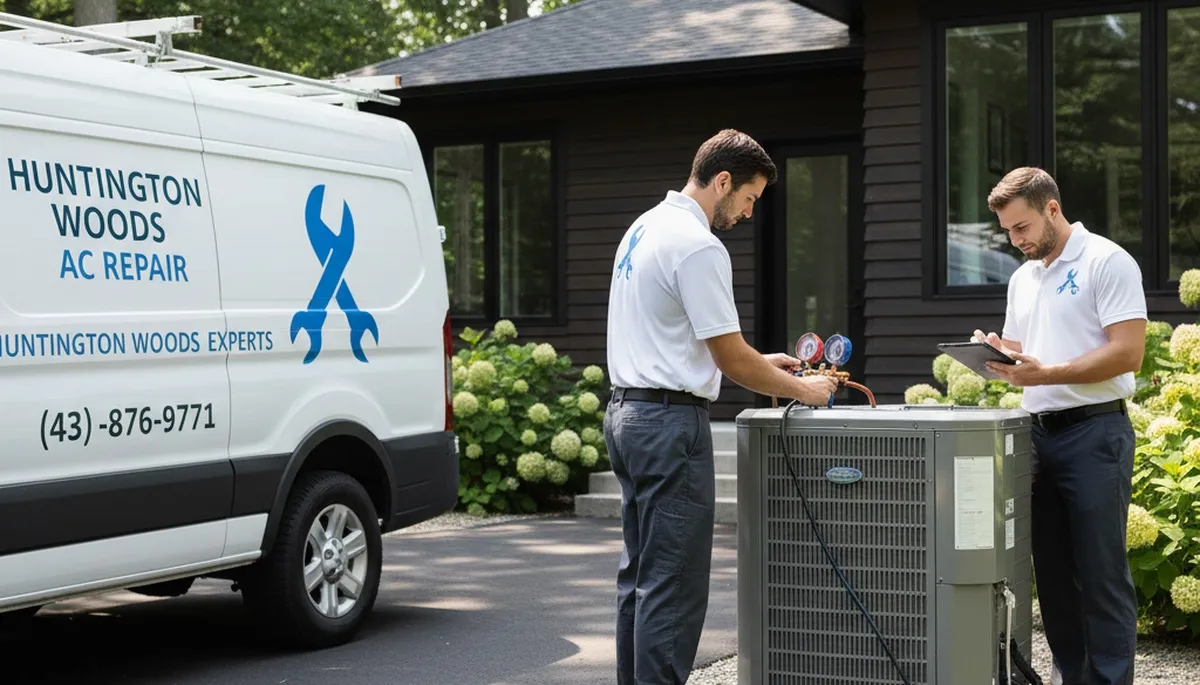 Professional AC repair technician servicing air conditioner unit in Detroit MI home