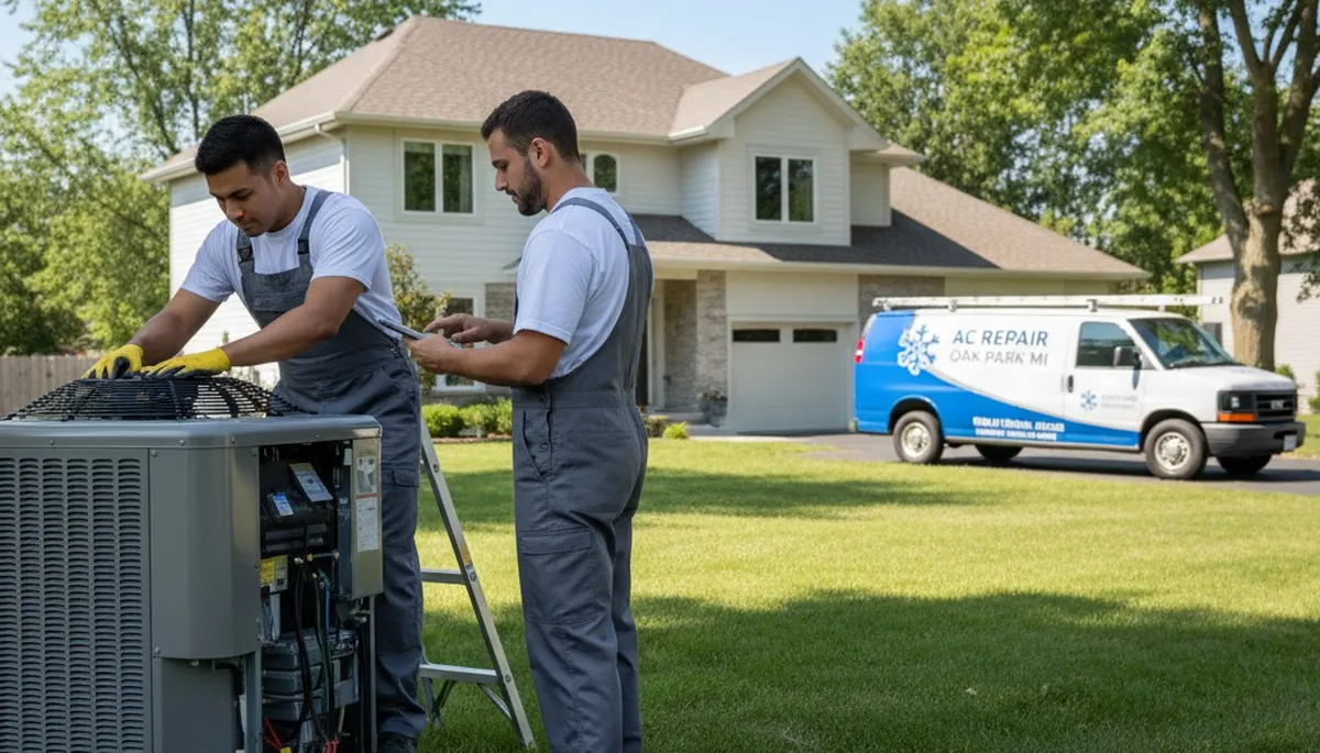 Professional AC repair technician servicing air conditioning unit in Detroit MI home
