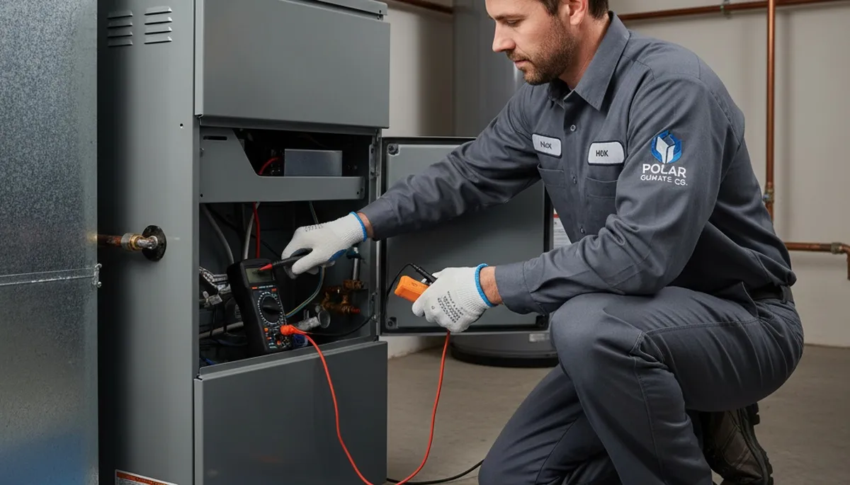 Technician repairing furnace in Detroit MI home for Five Star Cooling heating service
