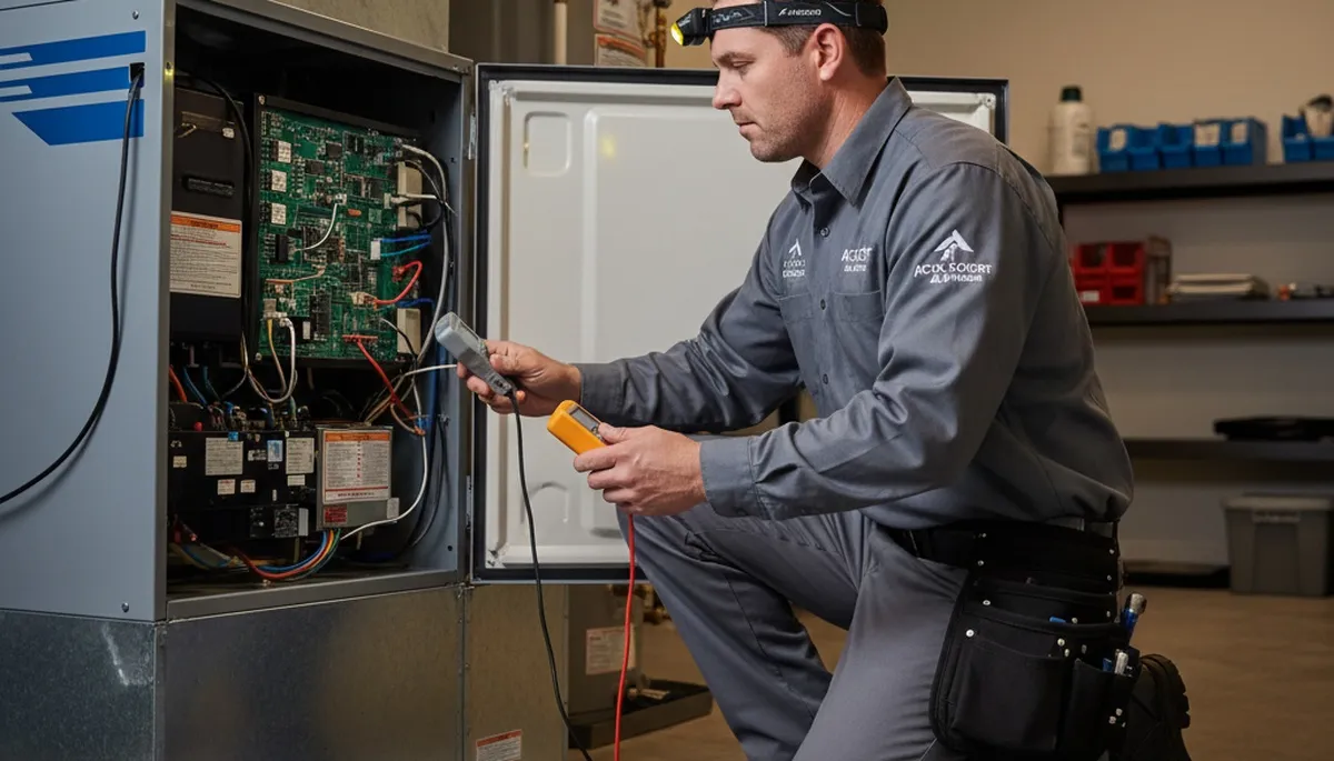 Technician performing heating repair service on furnace in Detroit, MI home